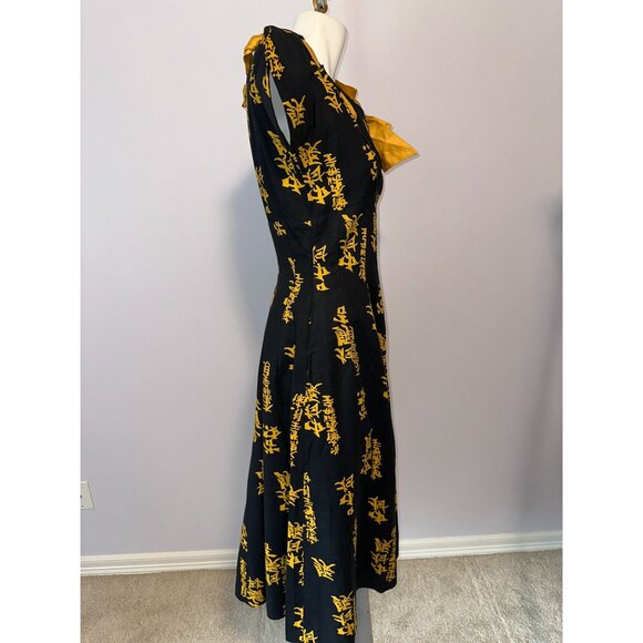 Vtg 60s Smartcraft Asian Inspired Dress Black Gold Textured Cotton Pinup Size 14 - Picture 4 of 8